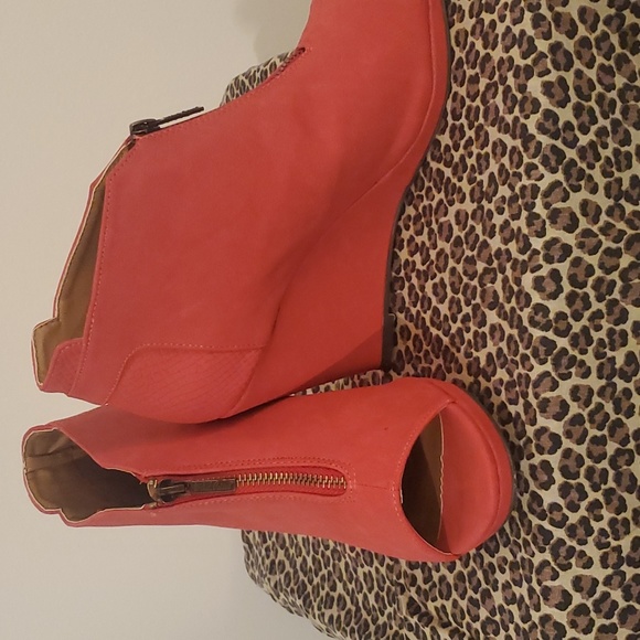 Red Peep Toe Wedge Heel Booties - Picture 2 of 6